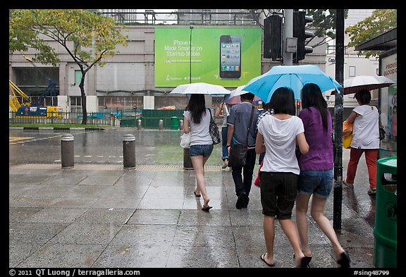 Women walking under unbrella during downpour. Singapore