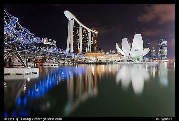 Helix Bridge, Marina Bay Sands, and ArtScience Museum at night. Singapore (color)