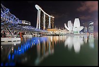 Helix Bridge, Marina Bay Sands, and ArtScience Museum at night. Singapore
