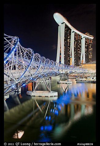 Helix Bridge and Marina Bay Sands hotel at night. Singapore