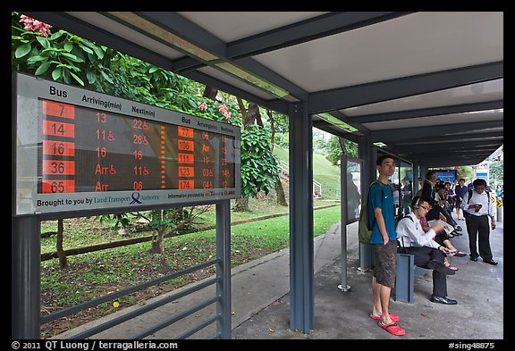 Bus stop with displays with expected wait time. Singapore