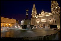 Plazza de los Laureles, fountain, and Cathedral by night. Guadalajara, Jalisco, Mexico (color)