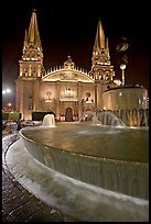 Fountain on Plazza de los Laureles and Cathedral by night. Guadalajara, Jalisco, Mexico ( color)