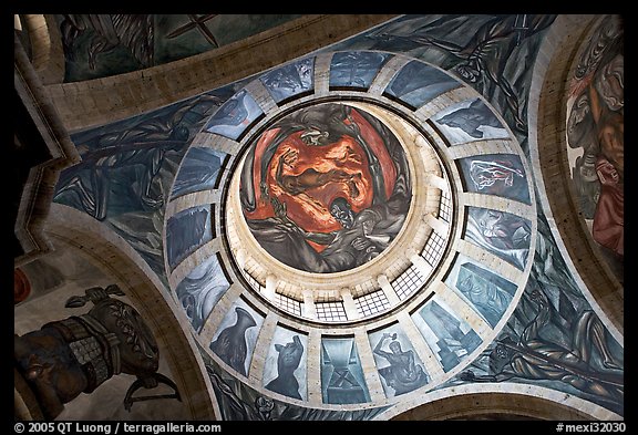 Dome of the chapel of Hospicios de Cabanas featuring The Man of Fire by Jose Clemente Orozco. Guadalajara, Jalisco, Mexico (color)