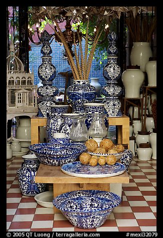 Ceramic pieces for sale in a gallery, Tlaquepaque. Jalisco, Mexico (color)