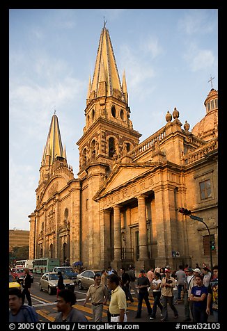 Street crossing and Cathedral, late afternoon. Guadalajara, Jalisco, Mexico (color)