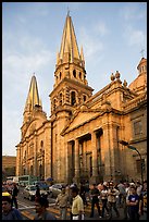 Street crossing and Cathedral, late afternoon. Guadalajara, Jalisco, Mexico (color)