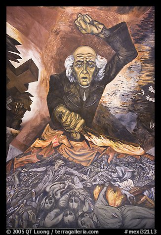 Portrait of Miguel Hidalgo painted by muralist Jose Clemente Orozco in the Government Palace. Guadalajara, Jalisco, Mexico (color)