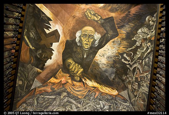Stairway ceiling with portrait of angry Miguel Hidalgo by  Jose Clemente Orozco. Guadalajara, Jalisco, Mexico (color)