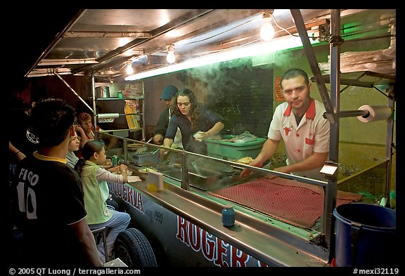 Food  stand in the street at night, Tlaquepaque. Jalisco, Mexico (color)