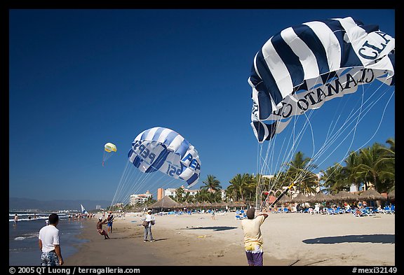 Parasails inflated on beach, Nuevo Vallarta, Nayarit. Jalisco, Mexico (color)