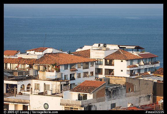 White adobe buildings with red tiled roofs, Puerto Vallarta, Jalisco. Jalisco, Mexico (color)