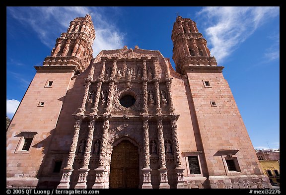 Facade of Cathdedral laced with Churrigueresque carvings, afternoon. Zacatecas, Mexico (color)