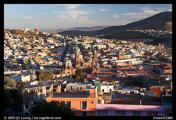 Panoramic view of town  from near the Teleferico, late afternoon. Zacatecas, Mexico (color)