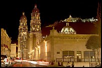 Gonzalez Ortega Market, Cerro de la Bufa, and Cathedral at night. Zacatecas, Mexico ( color)