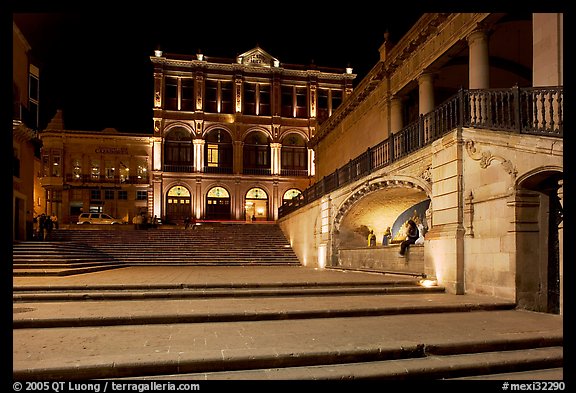 Goitia Square and Teatro Calderon at night. Zacatecas, Mexico (color)