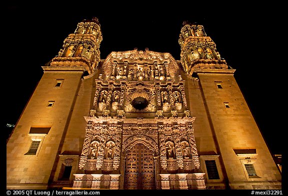 Illuminated facade of Cathdedral laced with Churrigueresque carvings at night. Zacatecas, Mexico