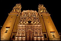Illuminated facade of Cathdedral laced with Churrigueresque carvings at night. Zacatecas, Mexico ( color)