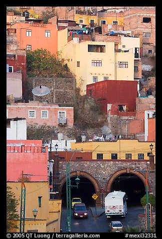 Houses on a hillside built above a tunnel. Guanajuato, Mexico