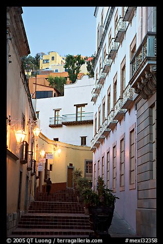 Street with steps at dawn. Guanajuato, Mexico