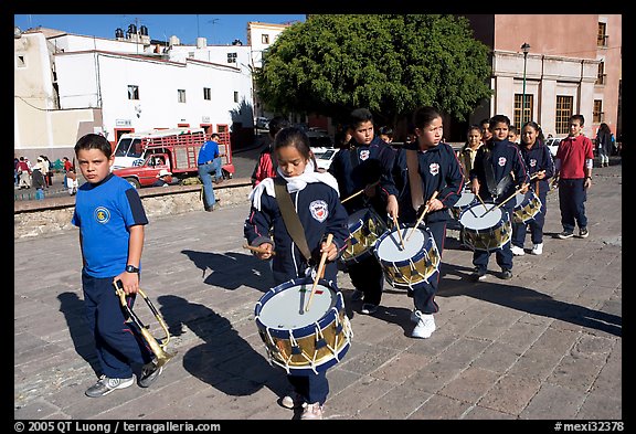 Schoolchildren in a marching band. Guanajuato, Mexico (color)