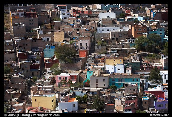 Brligly painted houses on hillside. Guanajuato, Mexico (color)