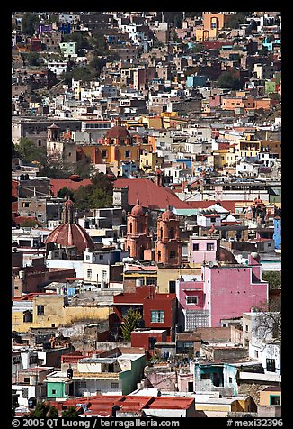 View of the city center with churches and roofs, mid-day. Guanajuato, Mexico