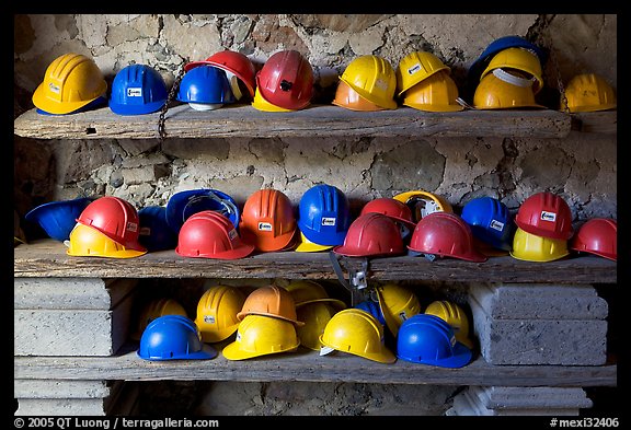 Hard hats used for descending into La Valenciana mine. Guanajuato, Mexico (color)
