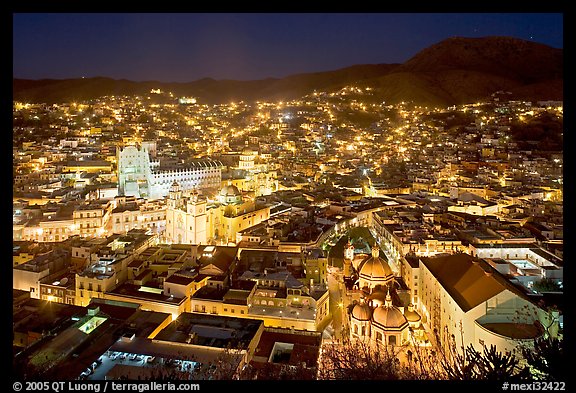 Historic town at night with illuminated monuments. Guanajuato, Mexico (color)