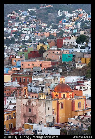 Church San Roque, and houses at dawn. Guanajuato, Mexico