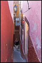 Looking down Callejon del Beso, the narrowest of the alleyways. Guanajuato, Mexico (color)