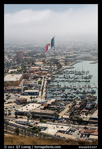 Harbor and giant Mexican flag from above, Ensenada. Baja California, Mexico