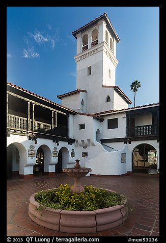 Courtyard, fountain and tower, Riviera Del Pacifico, Ensenada. Baja California, Mexico (color)