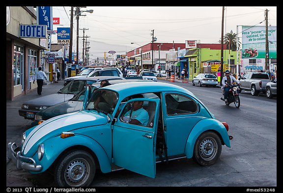 Street and Wolswagen bug, Ensenada. Baja California, Mexico (color)