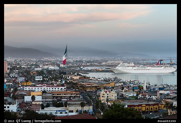 Ensenada harbor, and cruise ship at sunset. Baja California, Mexico