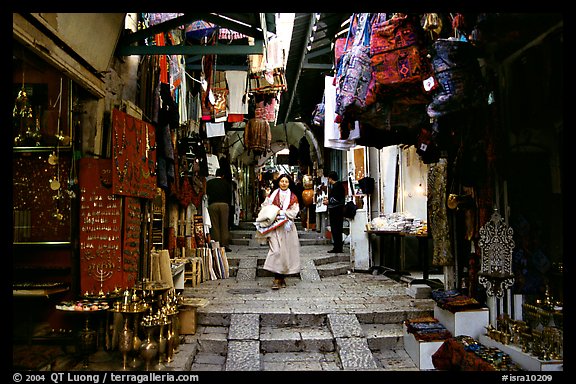 Narrow alley lined with shops. Jerusalem, Israel (color)