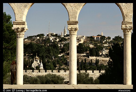 Spires and Mount of Olives seen through arches. Jerusalem, Israel