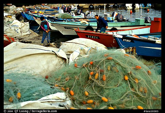 Fishing nets and boats, Akko (Acre). Israel (color)