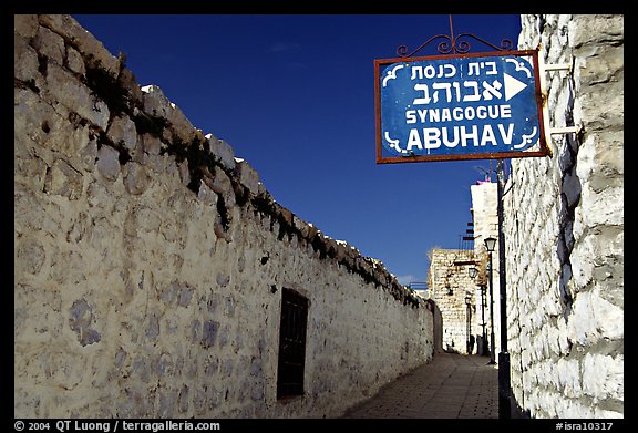Alley with sign pointing to Synagogue Abuhav, Safed (Safad). Israel
