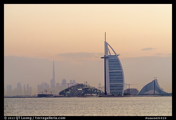 Burj Al Arab and downtown skyline from Palm Jumeira. United Arab Emirates (color)