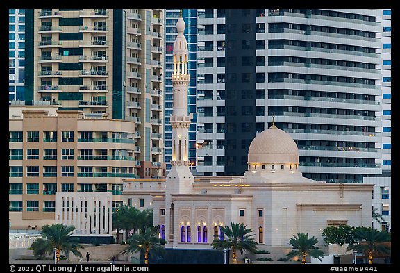 Al Rahim Mosque and high rises, Dubai Marina. United Arab Emirates (color)