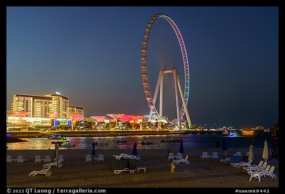 JBR Beach and Ain Dubai Ferris Wheel at night. United Arab Emirates