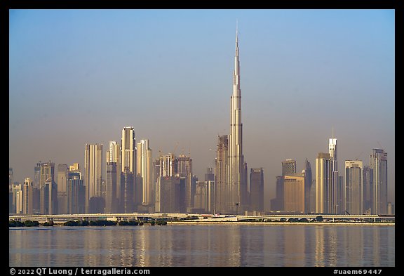 Dubai skyline with Burj Khalifa reflected in Dubai Creek. United Arab Emirates (color)