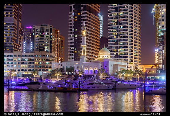 Yachts and Al Rahim Mosque at night. United Arab Emirates (color)