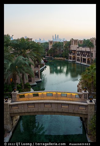 Medina Jumerah bridge over canal and city skyline. United Arab Emirates (color)