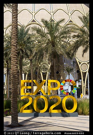 Expo 2020 sign and Al Wasl. Expo 2020, Dubai, United Arab Emirates (color)