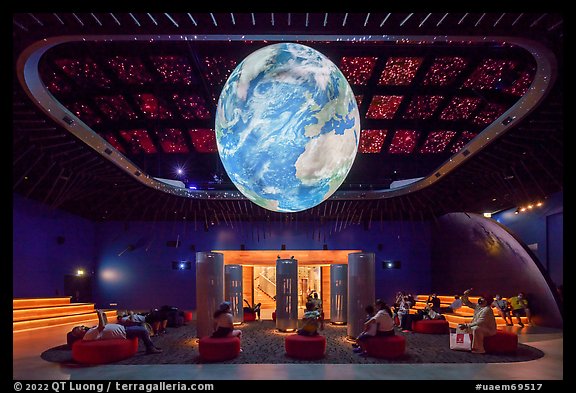 Visitors watch horizontal media show, USA Pavilion. Expo 2020, Dubai, United Arab Emirates (color)