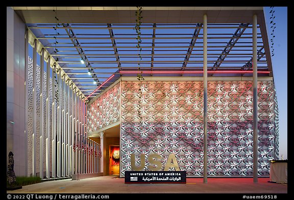 Pavilion facade at dawn, USA Pavilion, USA Pavilion. Expo 2020, Dubai, United Arab Emirates (color)