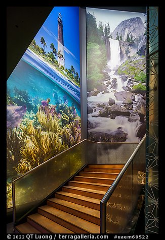 Staircase and photos of national parks, USA Pavilion. Expo 2020, Dubai, United Arab Emirates