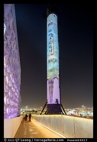 Falcon 9 rocket with space travel projection mapping show, USA Pavilion. Expo 2020, Dubai, United Arab Emirates (color)